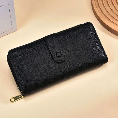 Portefeuille Long pour Femmes Motif Litchi Grande Capacité Emplacements Multi-Cartes en Cuir PU Avec Fermeture Éclair et Bouton Pression