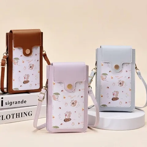 Sac de Téléphone à Écran Tactile pour Femmes Imprimé Écureuil Mignon PVC Mince Bandoulière Petit Sac à Épaule Mode Décontracté Mini Sac
