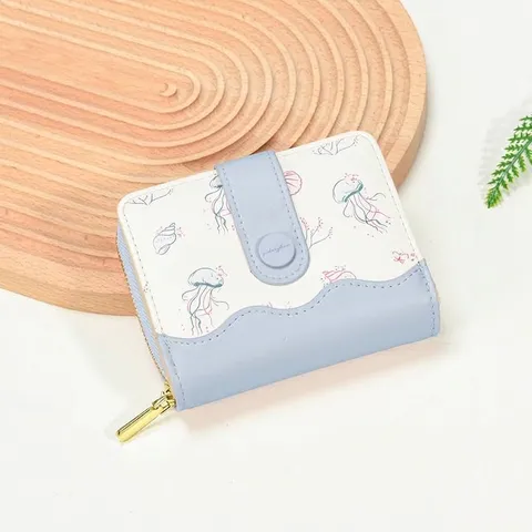 Portefeuille Court pour Femmes en Cuir PU Imprimé Méduse Style Japonais Porte-monnaie à Fermeture Éclair Multi-emplacements de Cartes Mode