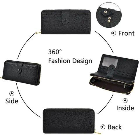 Portefeuille Long pour Femmes Motif Litchi Grande Capacité Emplacements Multi-Cartes en Cuir PU Avec Fermeture Éclair et Bouton Pression