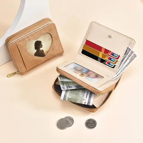 Portefeuille en Faux Denim Cœur Style Coréen pour Femmes Grande Capacité Fermeture Éclair Porte-Monnaie Porte-Cartes Simple