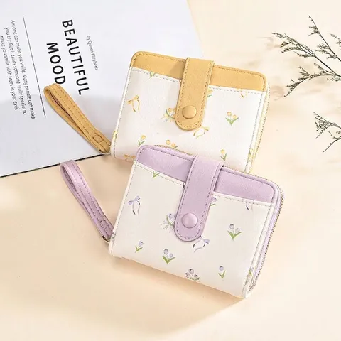 Portefeuille Court pour Femmes Imprimé Tulipe et Nœud Papillon Grande Capacité en Cuir PU Porte-Monnaie Avec Dragonne Fermeture Éclair