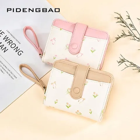 Portefeuille Court pour Femmes Imprimé Tulipe et Nœud Papillon Grande Capacité en Cuir PU Porte-Monnaie Avec Dragonne Fermeture Éclair