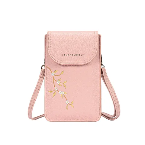 Élégant Sac pour Téléphone Portable Brodée pour Femmes en Cuir PU Texture Litchi Petit Sac Bandoulière pour Femmes Filles