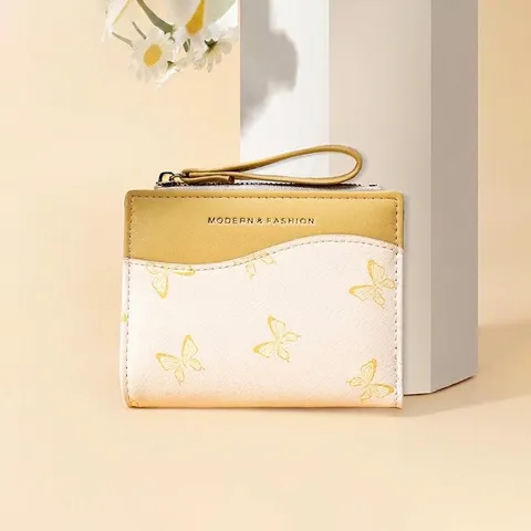 Portefeuille Femme à la Mode Imprimé Papillon en Cuir PU Bifold Porte-Cartes Avec Dragonne et Poche Monnaie Zippée