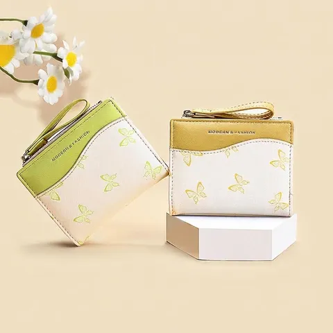 Portefeuille Femme à la Mode Imprimé Papillon en Cuir PU Bifold Porte-Cartes Avec Dragonne et Poche Monnaie Zippée