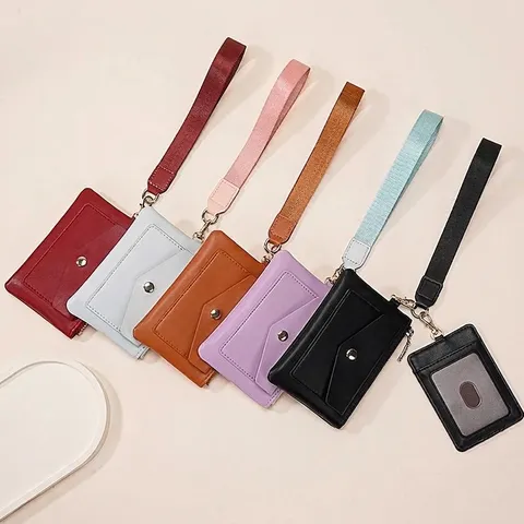 Porte-Cartes 2-En-1 en Cuir PU Portable Mini Porte-Monnaie Dragonne pour Femmes Unisexe Portefeuille avec Fenêtre ID