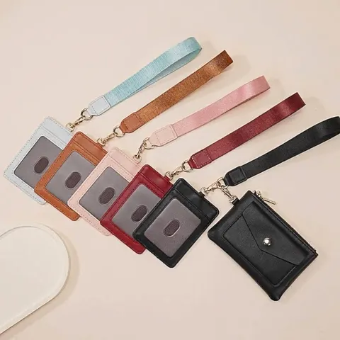 Porte-Cartes 2-En-1 en Cuir PU Portable Mini Porte-Monnaie Dragonne pour Femmes Unisexe Portefeuille avec Fenêtre ID