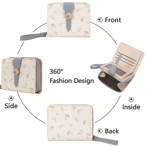Portefeuille Court Élégant pour Femmes Motif Fleur de Galsang en Cuir PU Imprimé Floral avec Bracelet de Poignet Emplacements Multi-cartes Luxe Design