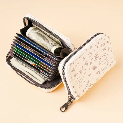 Mignon Porte-cartes en Accordéon Chat Dessin au Trait Grande Capacité Cuir PU Porte-monnaie avec Fermeture Éclair pour Femmes