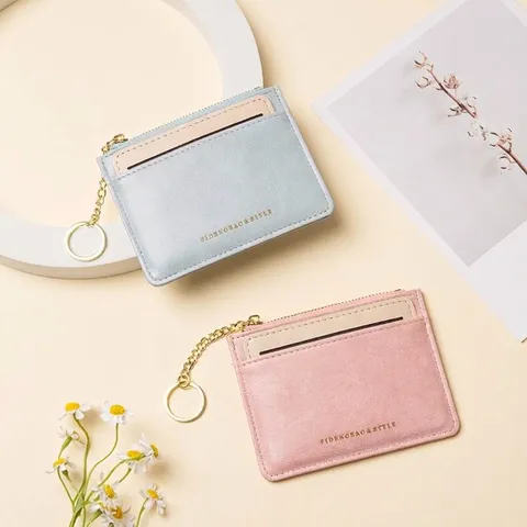 Porta Carte in Pelle PU Minimalista Coreano per Donna Portafoglio Multifunzionale Piccolo Monetina con Portachiavi a Catena