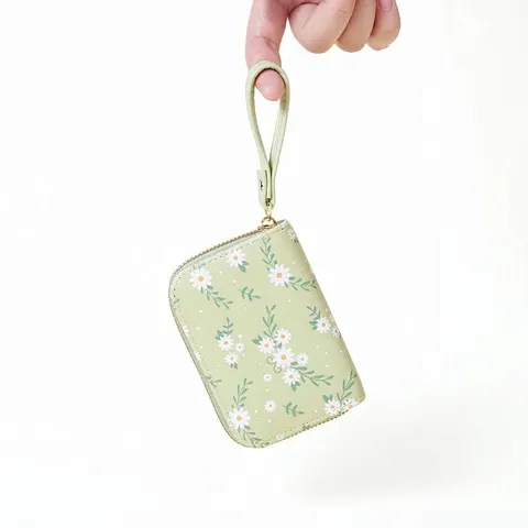 Porte-monnaie Femme Imprimé Floral Marguerite Cuir PU Multi Emplacements Cartes Portefeuille Avec Dragonne Pochette Zippée