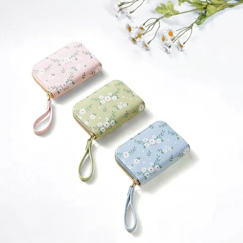 Porte-monnaie Femme Imprimé Floral Marguerite Cuir PU Multi Emplacements Cartes Portefeuille Avec Dragonne Pochette Zippée