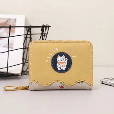 Portefeuille Mignon Chat de la Chance pour Femmes Court Cuir PU Porte-monnaie à Fermeture Éclair Porte-cartes pour Filles Mode