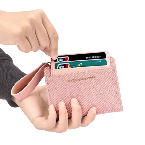 Portefeuille Court en Cuir PU pour Femmes Minimaliste Plaid Gaufré Porte-monnaie à Fermeture Éclair avec Dragonne Large Porte-cartes Organisateur