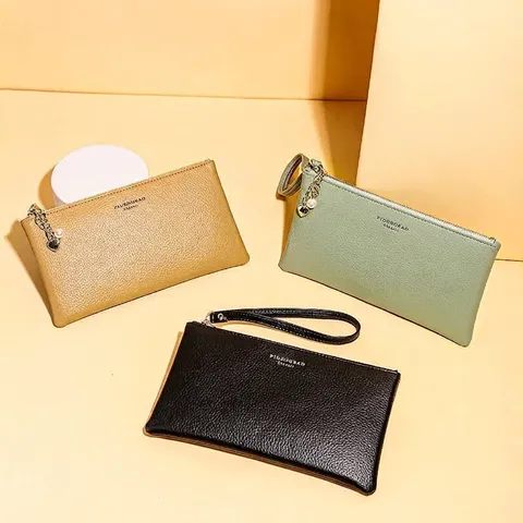 Portefeuille Long pour Femmes Mode en Cuir PU Grain de Litchi Pochette de Poignet Avec Pendentif Coeur Perle Porte-Cartes Organisateur