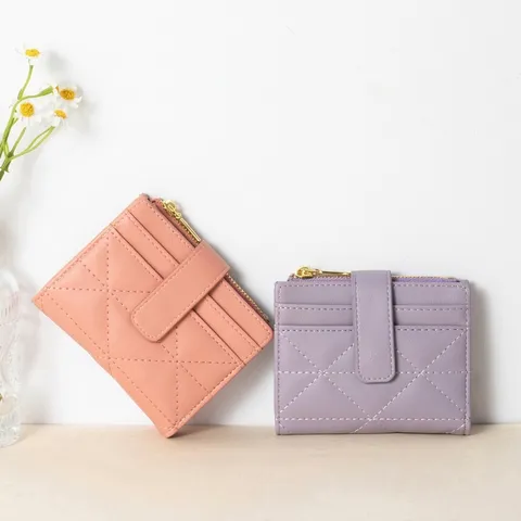 Portefeuille Femme Décontracté en Cuir PU Court Mince Porte-cartes Fermeture Éclair Porte-monnaie Motif Matelassé
