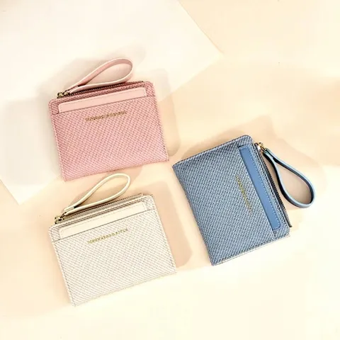 Portefeuille Court en Cuir PU pour Femmes Minimaliste Plaid Gaufré Porte-monnaie à Fermeture Éclair avec Dragonne Large Porte-cartes Organisateur