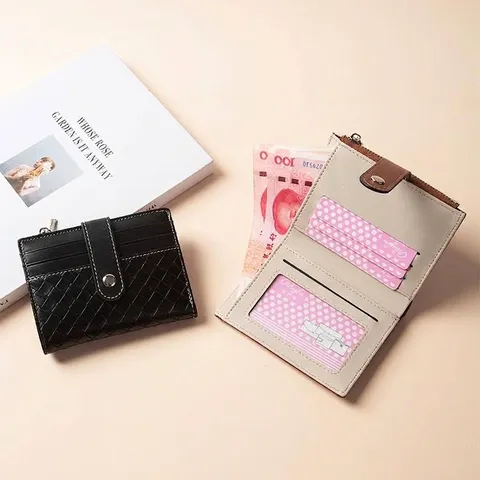 Portefeuille pour Femmes Style Coréen avec Texture Tissée en Cuir PU Haut de Gamme Fentes Multi-Cartes Porte-Cartes avec Fermoir à Pression et Poche à Monnaie Zippée