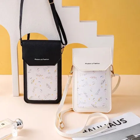 Nouveau Sac de Téléphone Portable Imprimé Floral pour Femmes Mince en PVC Bandoulière Messenger Bag Style Doux Écran Tactile