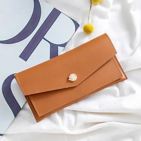 Women Long Thin PVC Wallet Envelope Clutch Large Capacity Card Holder Soft Synthetic Leather Handbag Elegant Metal Leaf Buckle Wallet
