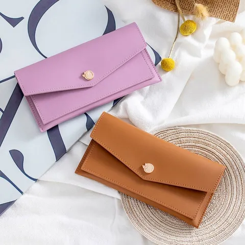 Women Long Thin PVC Wallet Envelope Clutch Large Capacity Card Holder Soft Synthetic Leather Handbag Elegant Metal Leaf Buckle Wallet