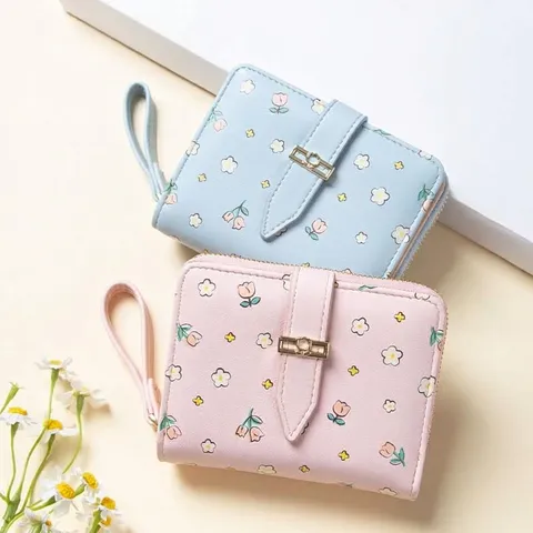 2024 Nouveau Portefeuille Court pour Femme Style Coréen Imprimé Floral Rose en Cuir PU Fermeture à Glissière et Boucle