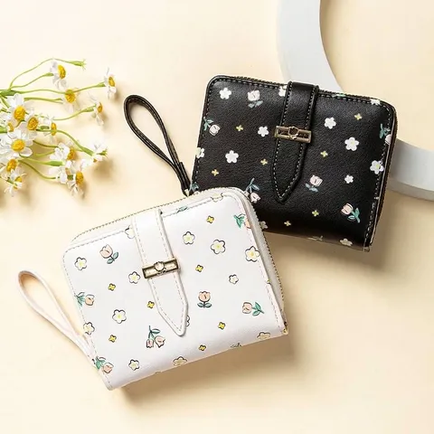 2024 Nouveau Portefeuille Court pour Femme Style Coréen Imprimé Floral Rose en Cuir PU Fermeture à Glissière et Boucle