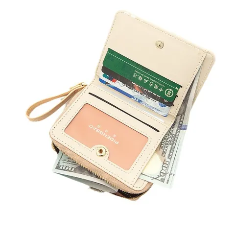 Portefeuille Court en Cuir PU pour Femme Style Littéraire Imprimé Floral Pochette à Monnaie avec Fermeture Éclair et Dragonne