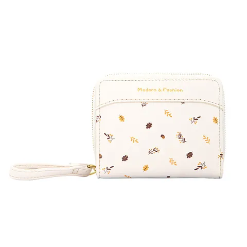 Portefeuille Court en Cuir PU pour Femme Style Littéraire Imprimé Floral Pochette à Monnaie avec Fermeture Éclair et Dragonne
