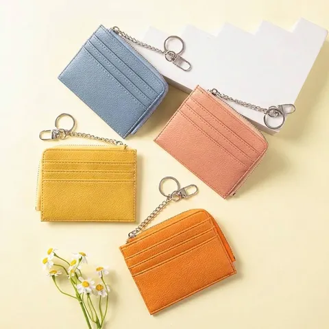 Women Portable Ultra Thin Card Holder Wallet With Keychain Litchi Pattern PU Leather Multi Slot Zipper Coin Purse Daily Gift