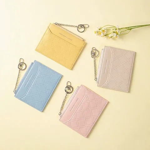 Women Quilted Diamond Lattice PU Leather Card Holder Slim Multi Slot Zipper Coin Purse Keychain Driving License Wallet