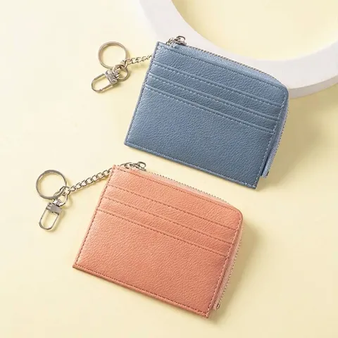 Women Portable Ultra Thin Card Holder Wallet With Keychain Litchi Pattern PU Leather Multi Slot Zipper Coin Purse Daily Gift