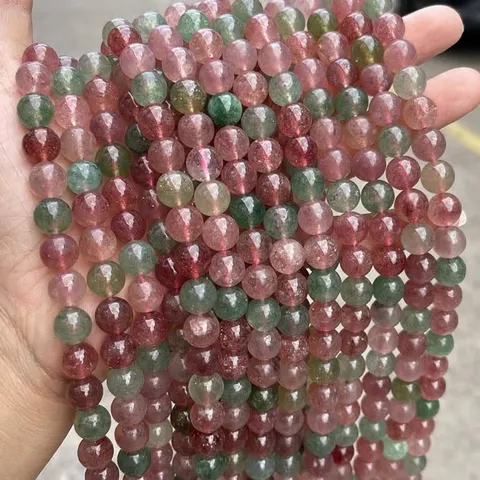 Cuentas Sueltas de Cuarzo Fresa Rojo Verde Natural Cuentas de Cristal Multicolor Redondas Para Accesorios de Fabricación de Joyas DIY