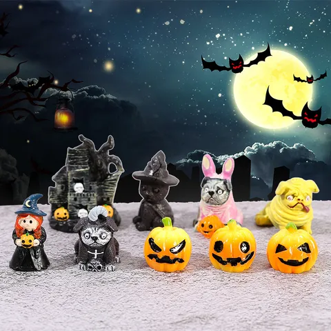 Halloween Micro Landscape Resin Ornament Cute Witch Pumpkin House Wizard Cat Pug Figurine Fairy Garden Tabletop Home Decoration Accessory