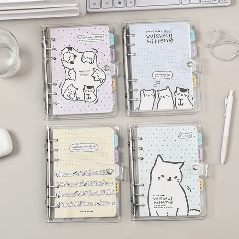 Cahier à Feuillets Mobiles A5 Journal Rechargeable Couverture PVC Reliure 6 Trous Motif Chat Mignon Papeterie Étudiant