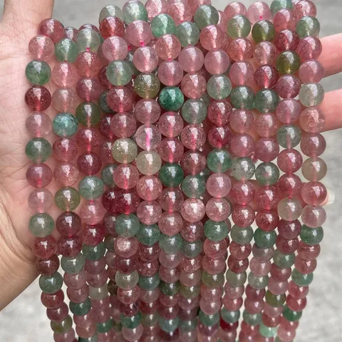 Cuentas Sueltas de Cuarzo Fresa Rojo Verde Natural Cuentas de Cristal Multicolor Redondas Para Accesorios de Fabricación de Joyas DIY