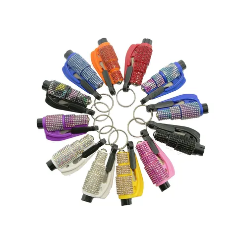 Portable 2-In-1 Car Safety Hammer Keychain Rhinestone Window Breaker Seatbelt Cutter Resin Rhinestone Studded Auto Escape Survival Tool