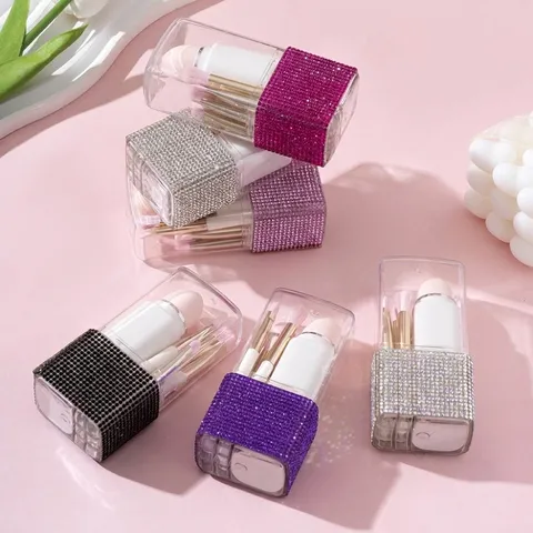 Portable Square Rhinestone Makeup Brush Storage Box Set 8 Piece Glitter Dustproof Cosmetic Tool Organizer For Women