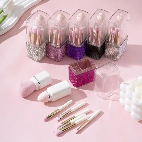 Portable Square Rhinestone Makeup Brush Storage Box Set 8 Piece Glitter Dustproof Cosmetic Tool Organizer For Women