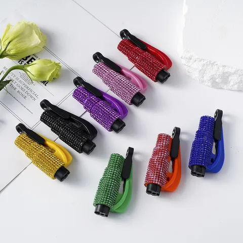 Bling Car Safety Hammer Window Breaker Rhinestone Seatbelt Cutter Multi-functional Emergency Survival Tool Keychain For Women