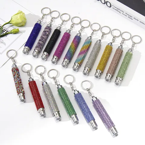 Mini LED Rhinestone Flashlight Keychain Portable Outdoor Emergency Light Crystal Inlaid Cylinder Hanging Ornament Gift