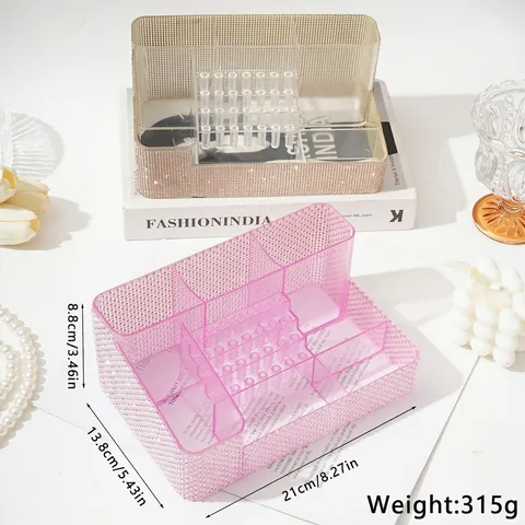 Nail Art Storage Box Multi-Functional Desktop Organizer With Rhinestone Pearl Decor Drill Bit Holes Acrylic Polish Case