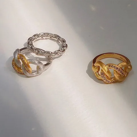 Französischer Minimalist Messing Knoten Ring Für Damen Vintage Elegant Strass Eingelegt Gold Silber Gedrehter Kettenring Schmuck