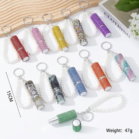 Rhinestone Refillable Perfume Bottle Keychain Artificial Pearl Strap Portable Bag Pendant Accessory Women Jewelry Gift