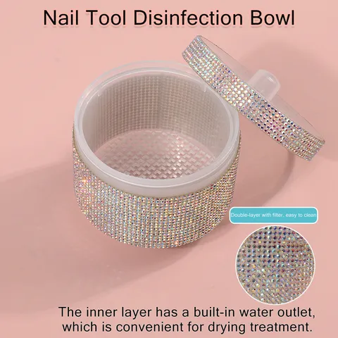 Lussuosa Ciotola di Disinfezione per Strumenti per Unghie con Strass Doppio Strato Con Filtro Tazza di Pulizia per Punte Manicure Pinzette