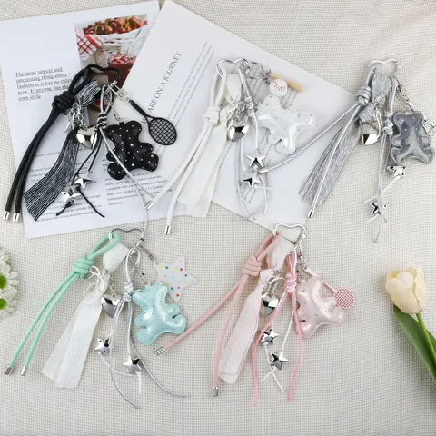 Charm per Borsa Orsetto Imbottito Stile Coreano Y2K Portachiavi Cuore Stella Lega Pelle Nastro Pendente per Accessori Borse Donna