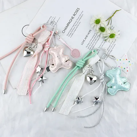 Charm per Borsa Orsetto Imbottito Stile Coreano Y2K Portachiavi Cuore Stella Lega Pelle Nastro Pendente per Accessori Borse Donna