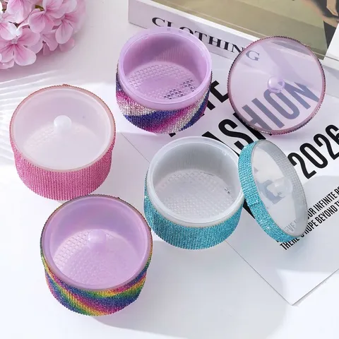 Bol de Stérilisation d'Art d'Ongle en Strass pour le Nettoyage des Outils de Manucure Récipient en Plastique Avec Couvercle Décor de Strass