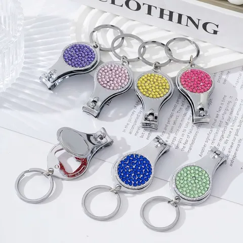Stainless Steel Rhinestone Nail Clipper Keychain Bottle Opener Multifunctional Portable Manicure Tool For Daily Travel Gift
